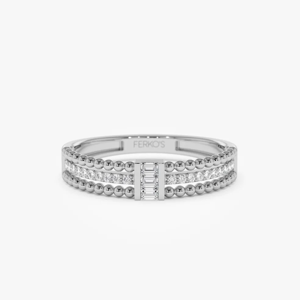 14k Beaded Baguette and Round Diamond Ring