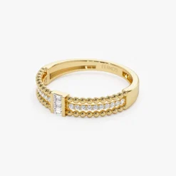 14k Beaded Baguette and Round Diamond Ring