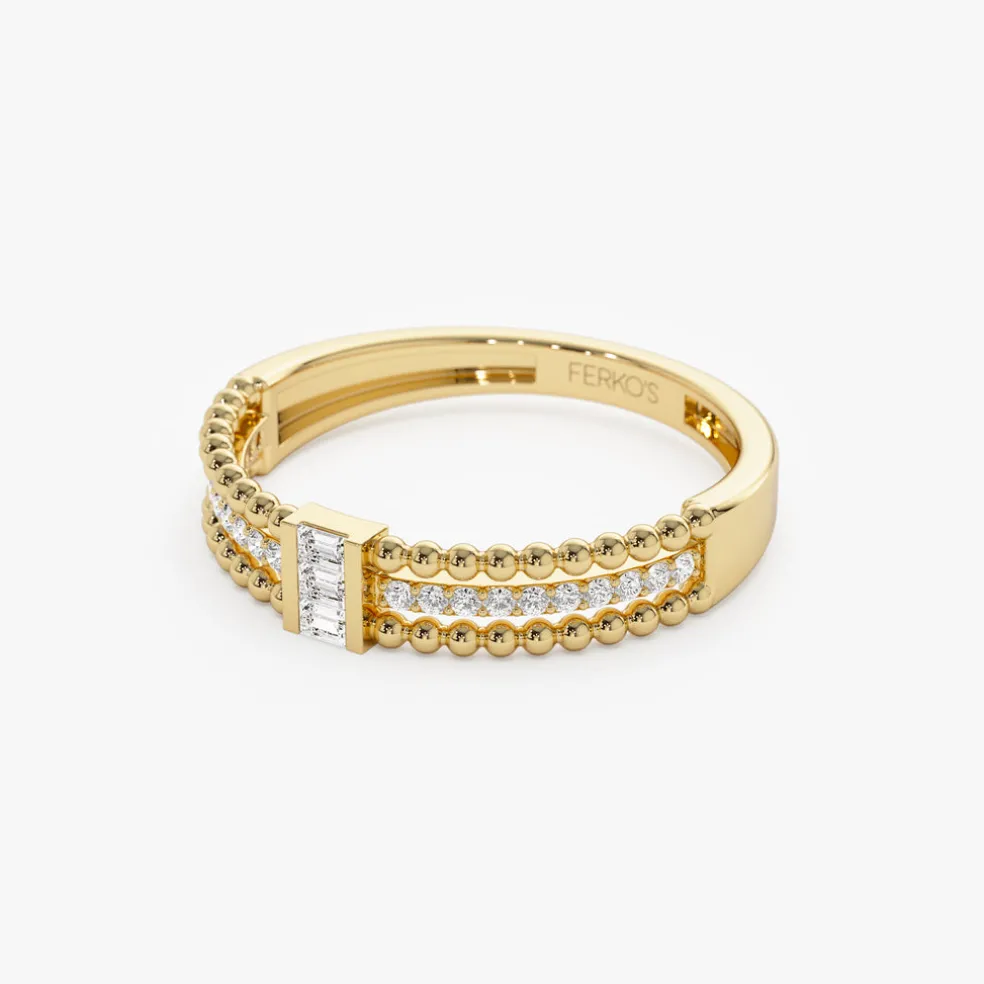 14k Beaded Baguette and Round Diamond Ring