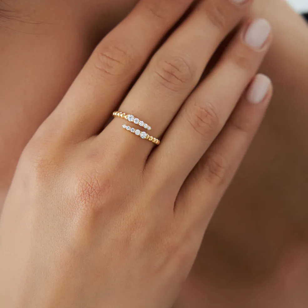 14k Beaded Diamond Cross Over Ring