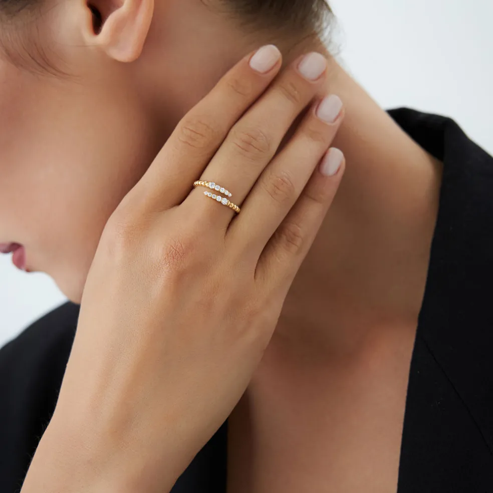 14k Beaded Diamond Cross Over Ring