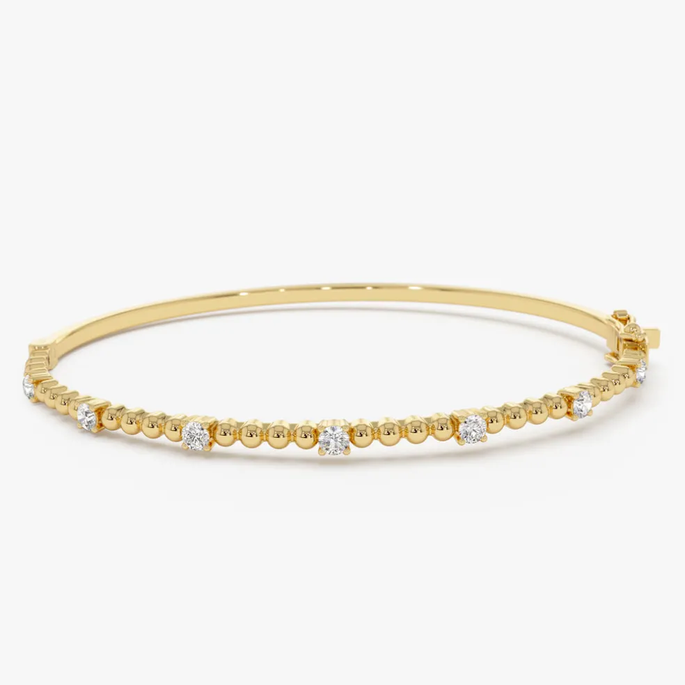 14K Beaded Gold Diamond Bangle Bracelet