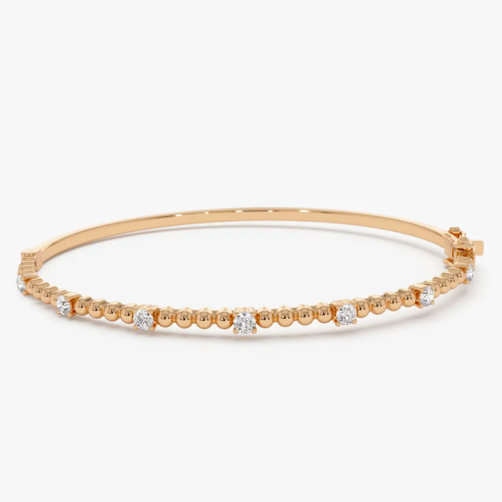 14K Beaded Gold Diamond Bangle Bracelet
