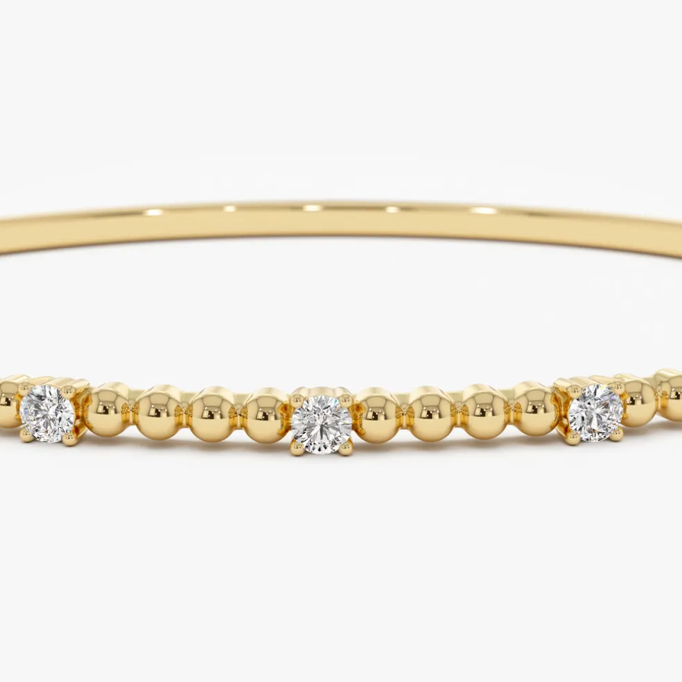 14K Beaded Gold Diamond Bangle Bracelet