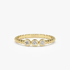 14k Beaded Three Stone Diamond Ring