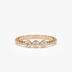 14k Beaded Three Stone Diamond Ring