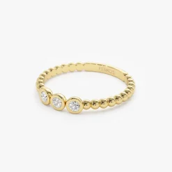 14k Beaded Three Stone Diamond Ring