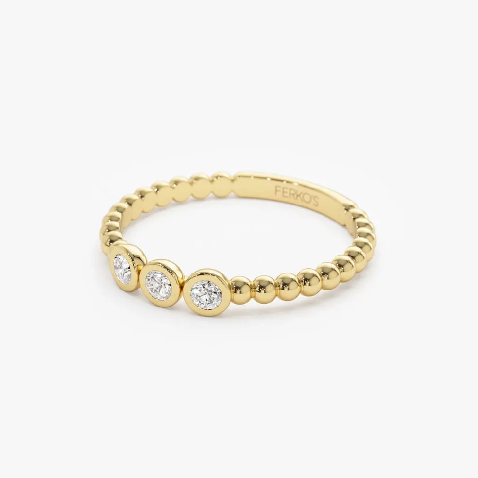 14k Beaded Three Stone Diamond Ring