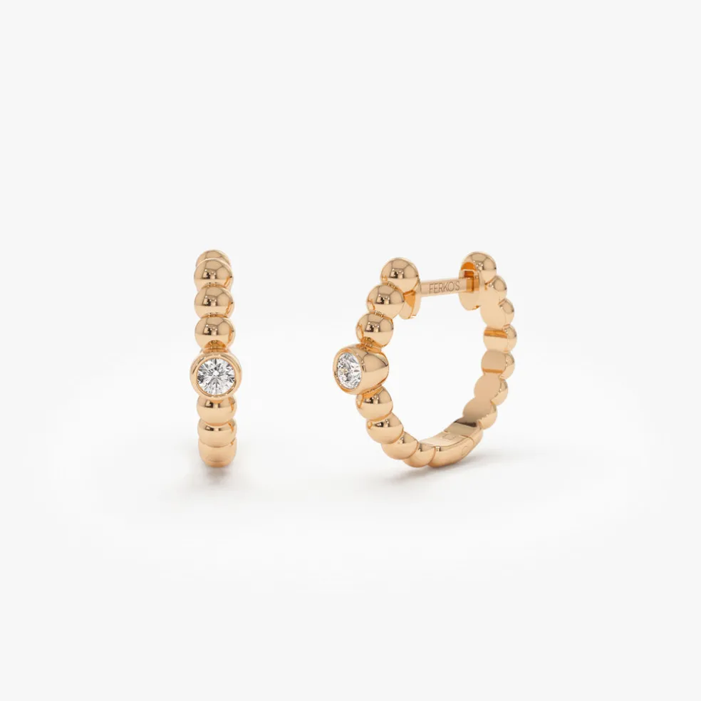 14k Bezel Setting Beaded Diamond Huggies
