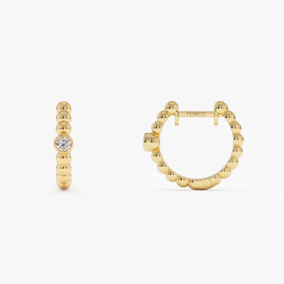 14k Bezel Setting Beaded Diamond Huggies