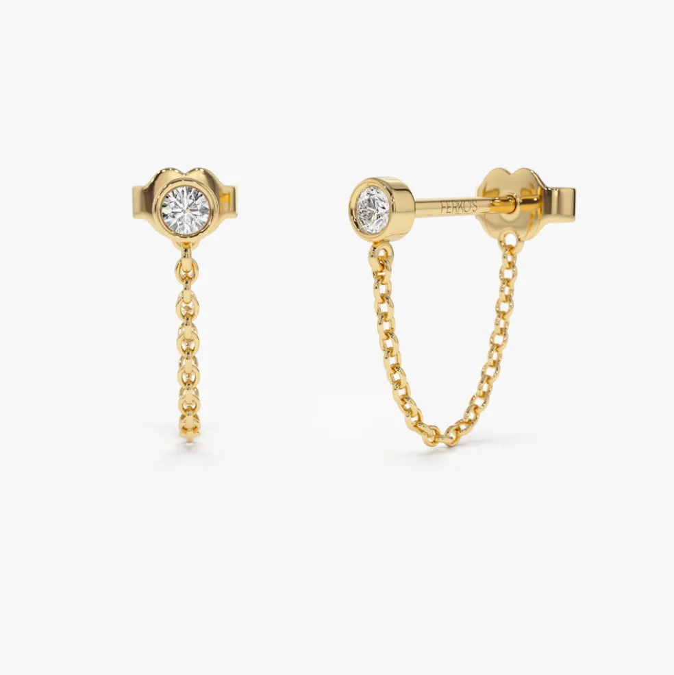14k Bezel Setting Diamond Studs Chain Earrings