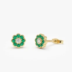 14K Bezel Setting Emerald Flower Diamond Studs