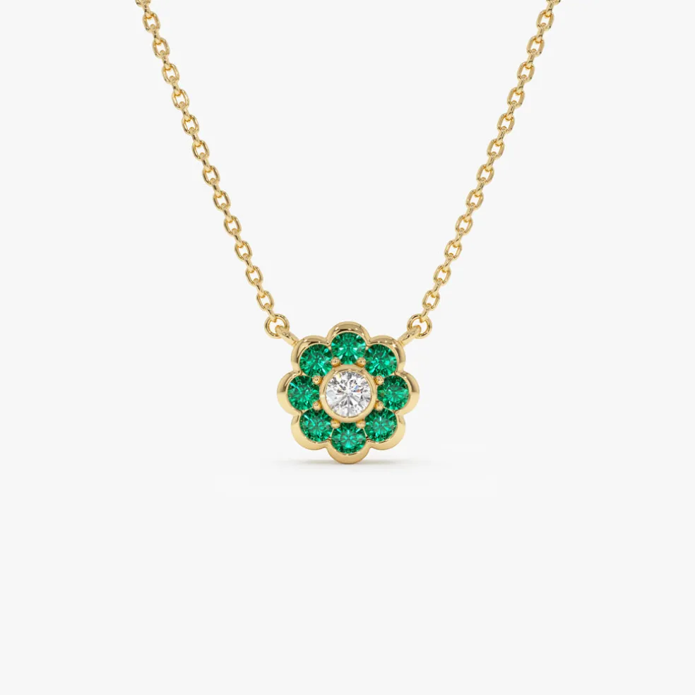 14K Bezel Setting Emerald Flower Diamond Necklace