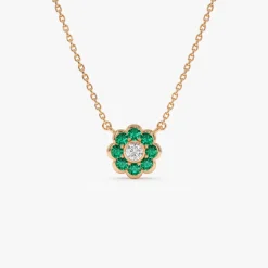 14K Bezel Setting Emerald Flower Diamond Necklace