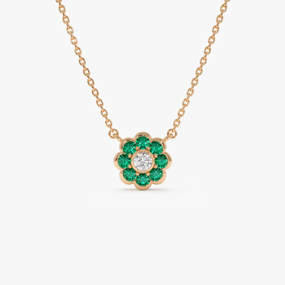14K Bezel Setting Emerald Flower Diamond Necklace