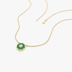 14K Bezel Setting Emerald Flower Diamond Necklace