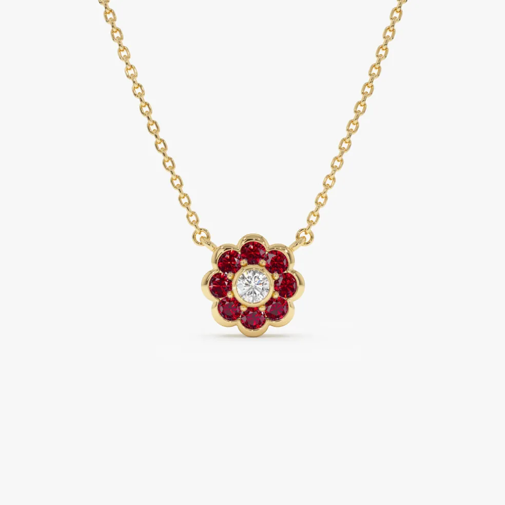14K Bezel Setting Ruby Flower Diamond Necklace