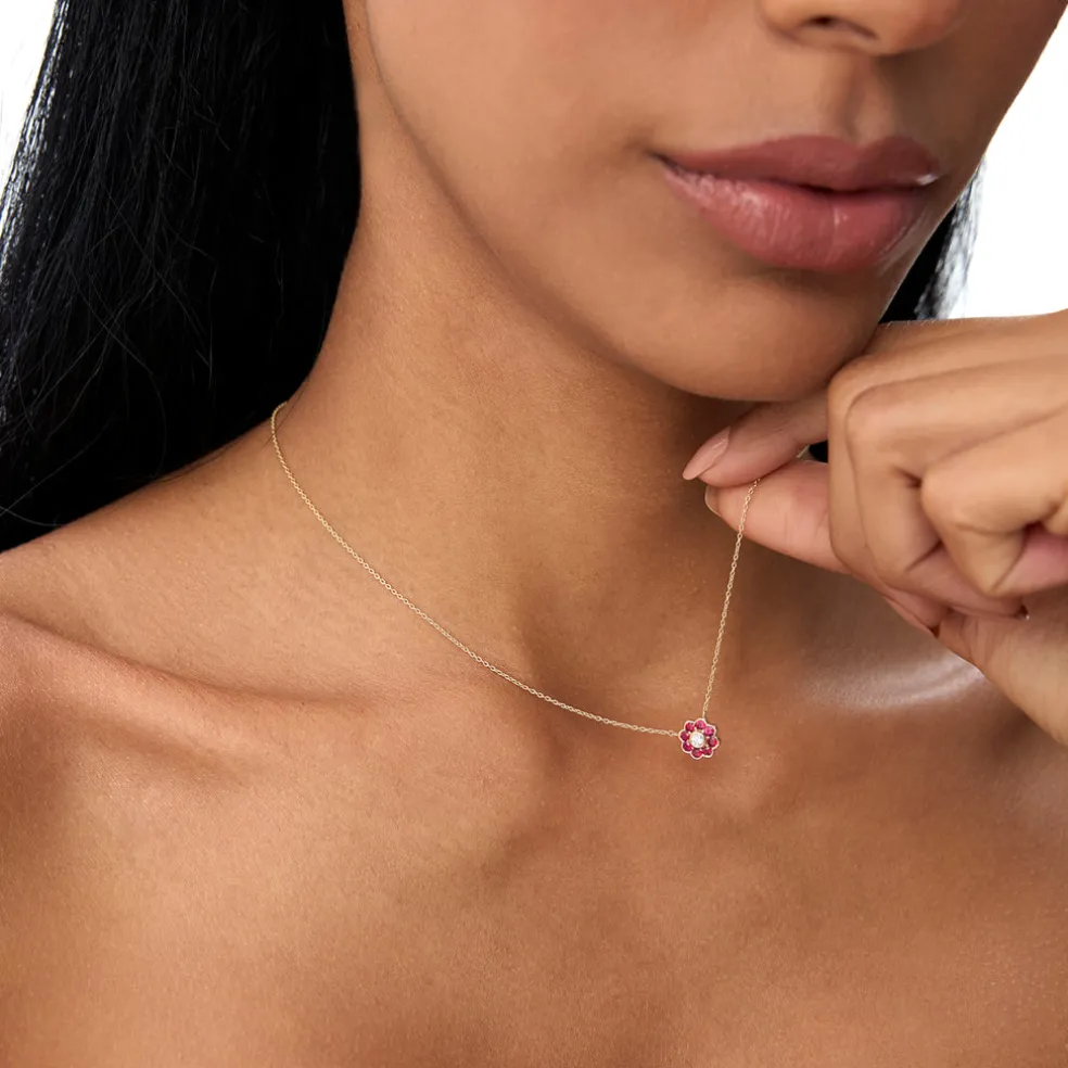 14K Bezel Setting Ruby Flower Diamond Necklace