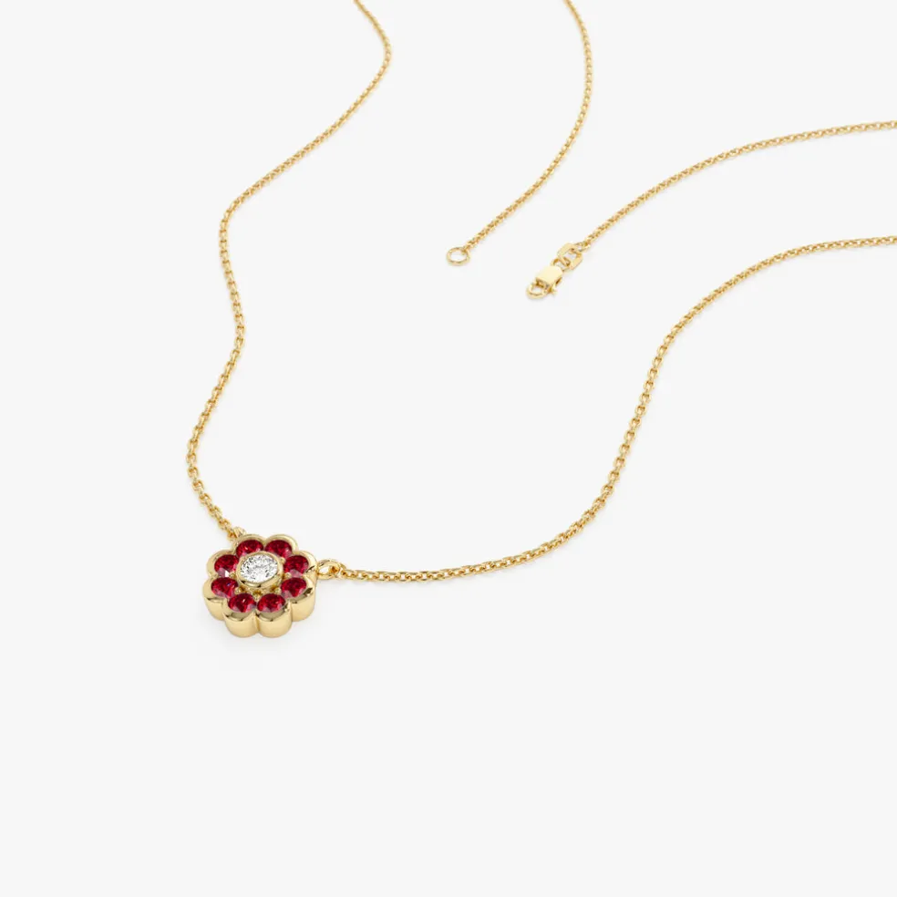 14K Bezel Setting Ruby Flower Diamond Necklace