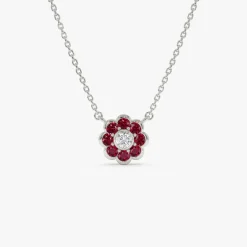 14K Bezel Setting Ruby Flower Diamond Necklace