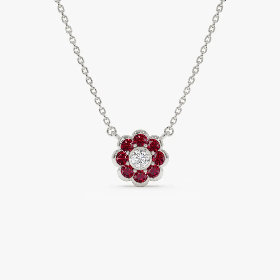 14K Bezel Setting Ruby Flower Diamond Necklace