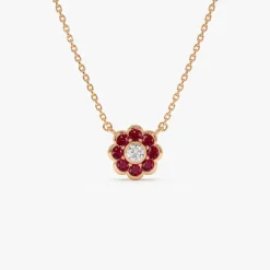 14K Bezel Setting Ruby Flower Diamond Necklace