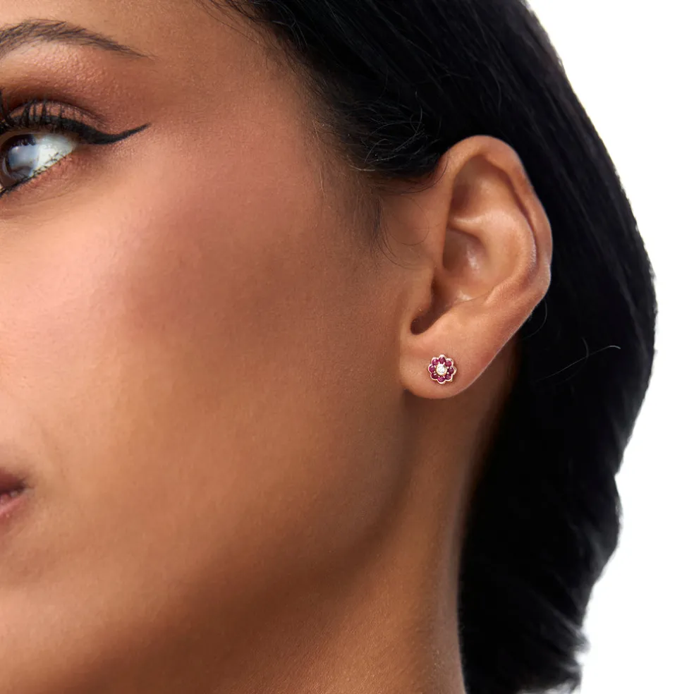 14K Bezel Setting Ruby Flower Diamond Studs