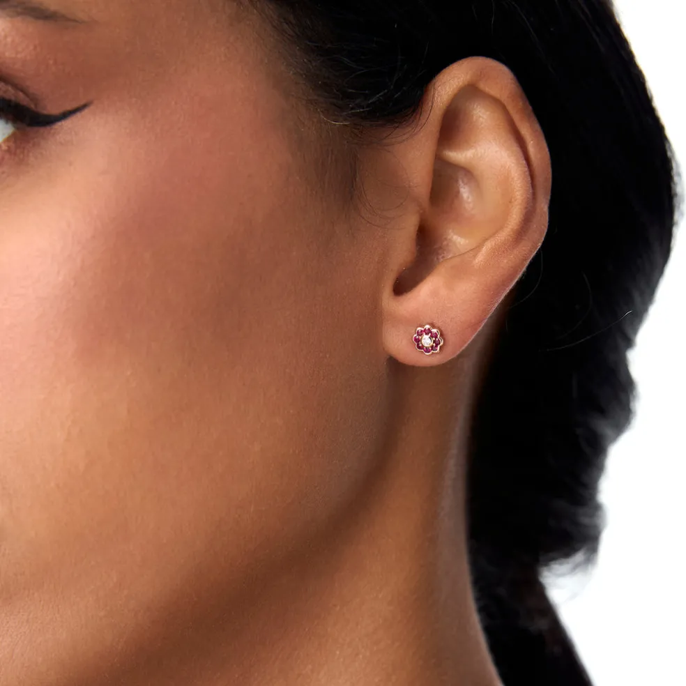 14K Bezel Setting Ruby Flower Diamond Studs
