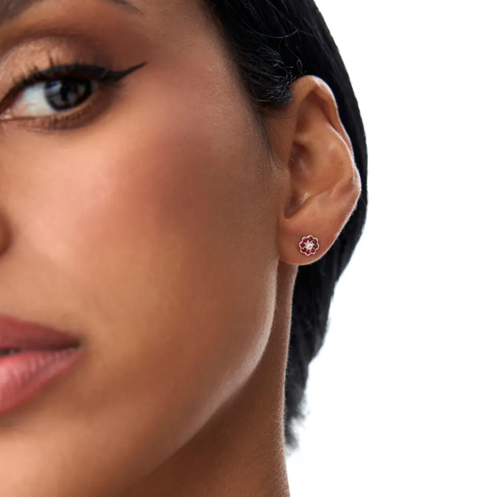 14K Bezel Setting Ruby Flower Diamond Studs