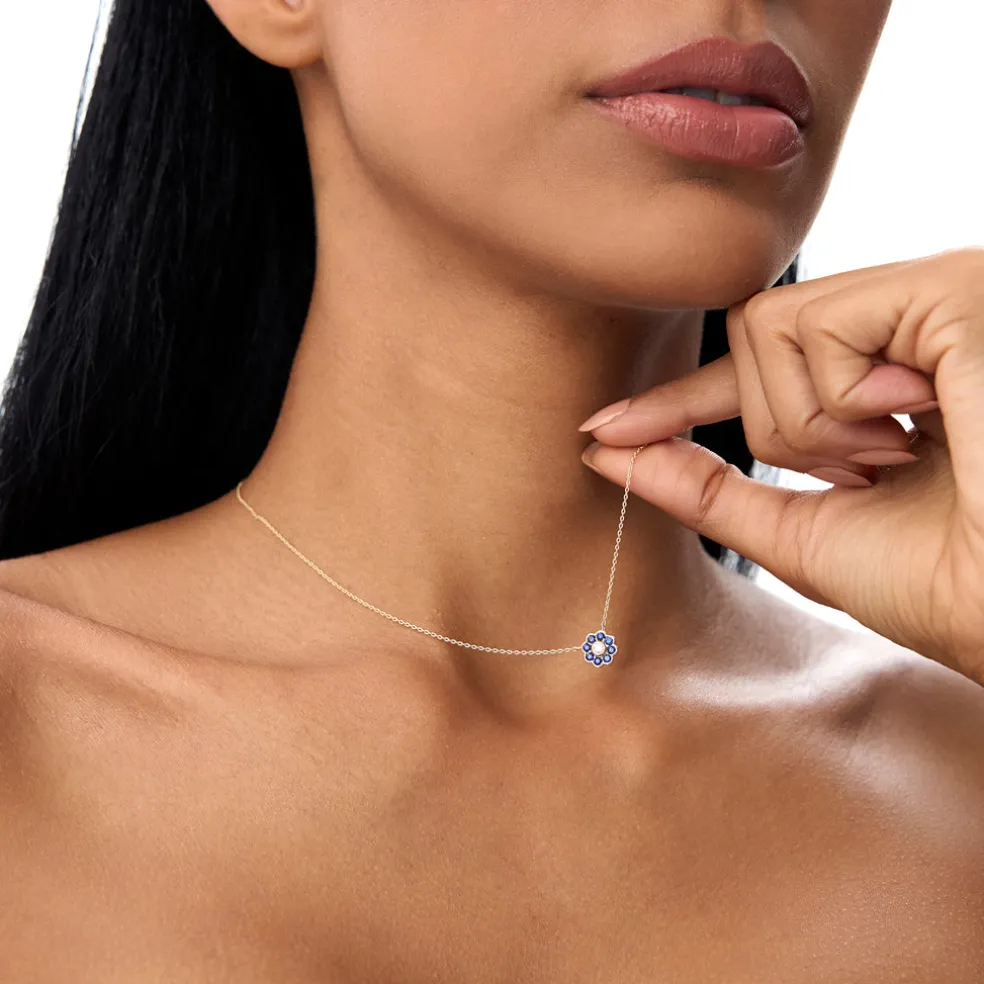 14K Bezel Setting Sapphire Flower Diamond Necklace