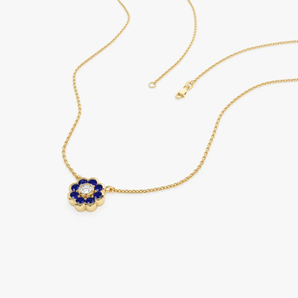 14K Bezel Setting Sapphire Flower Diamond Necklace