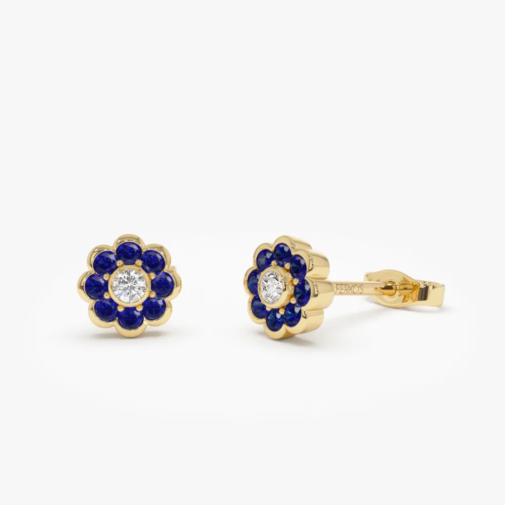 14K Bezel Setting Sapphire Flower Diamond Studs
