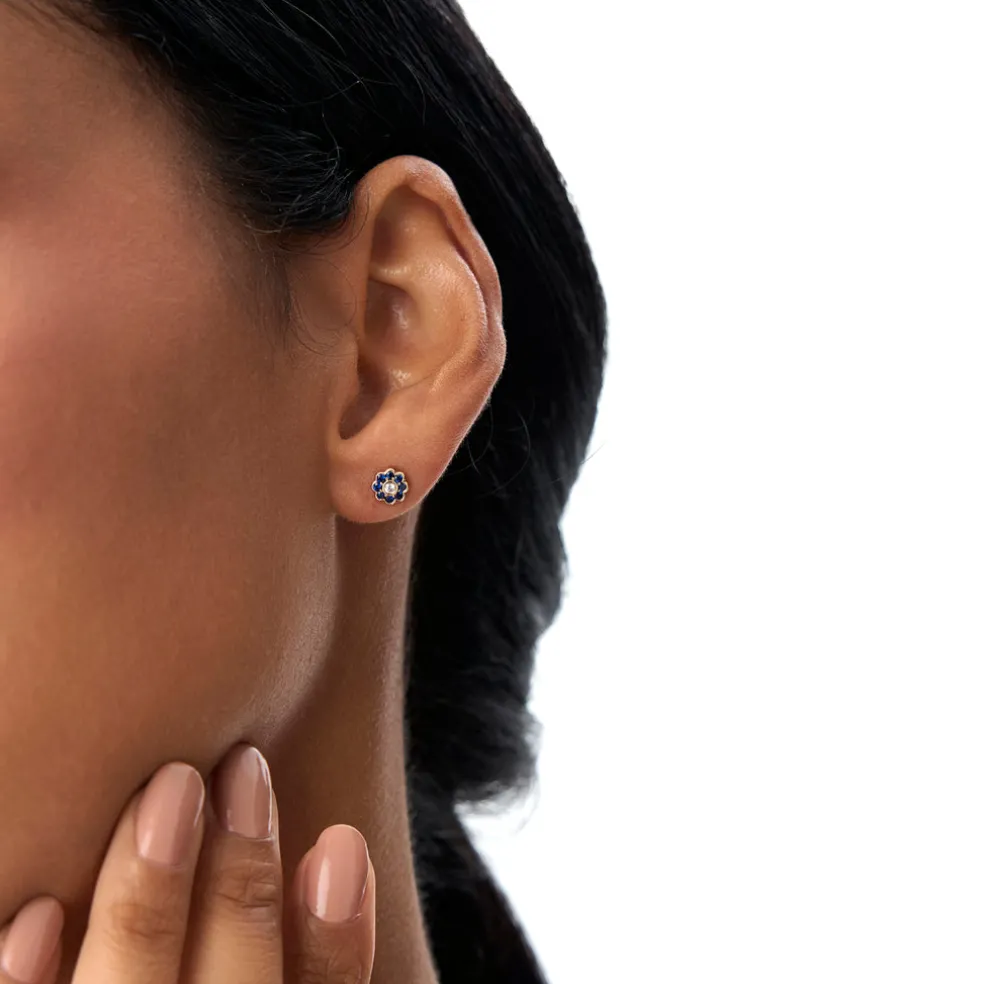 14K Bezel Setting Sapphire Flower Diamond Studs
