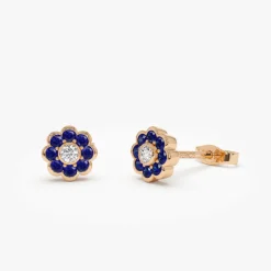14K Bezel Setting Sapphire Flower Diamond Studs