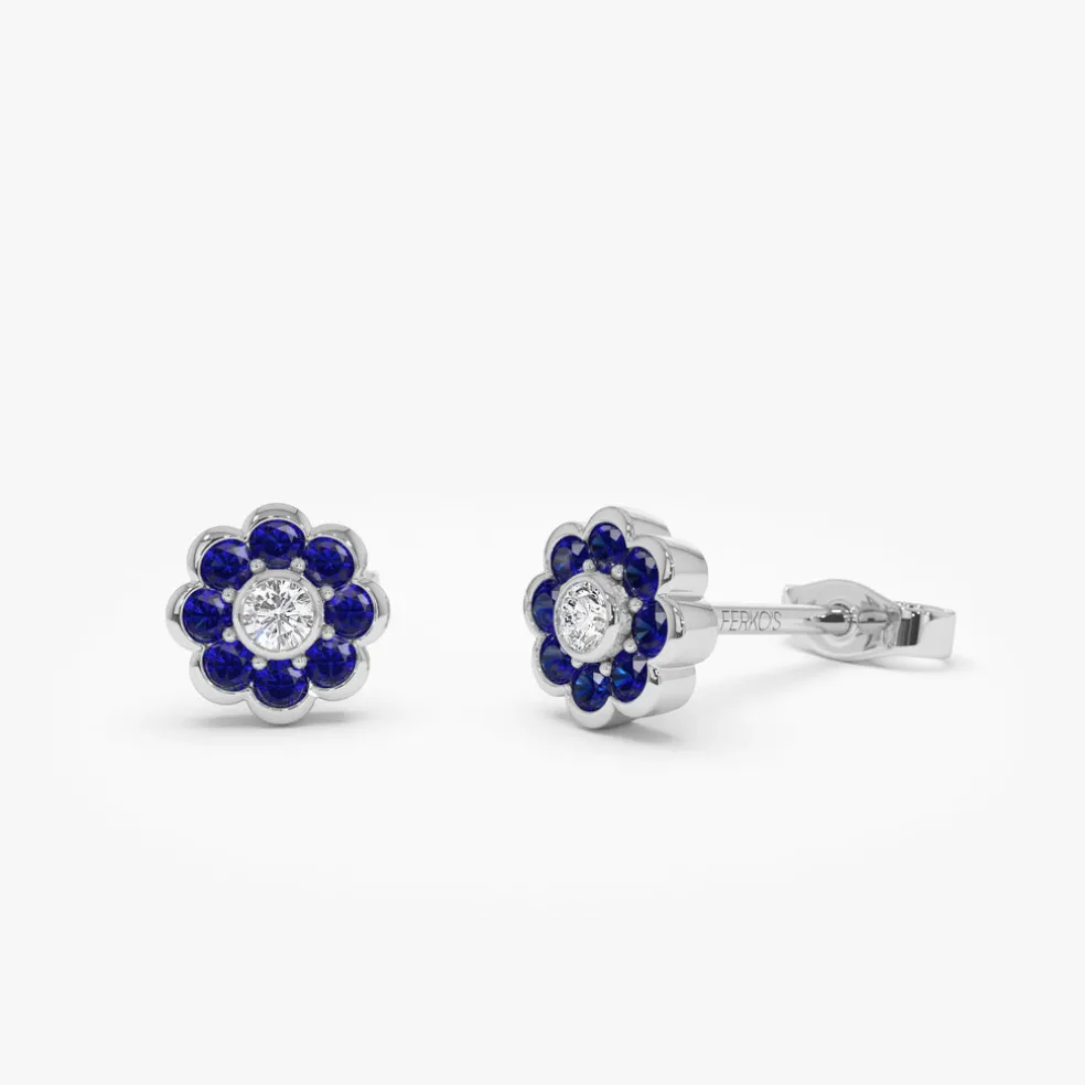 14K Bezel Setting Sapphire Flower Diamond Studs
