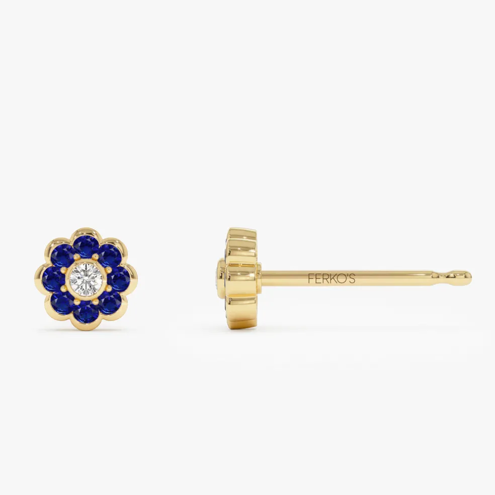 14K Bezel Setting Sapphire Flower Diamond Studs