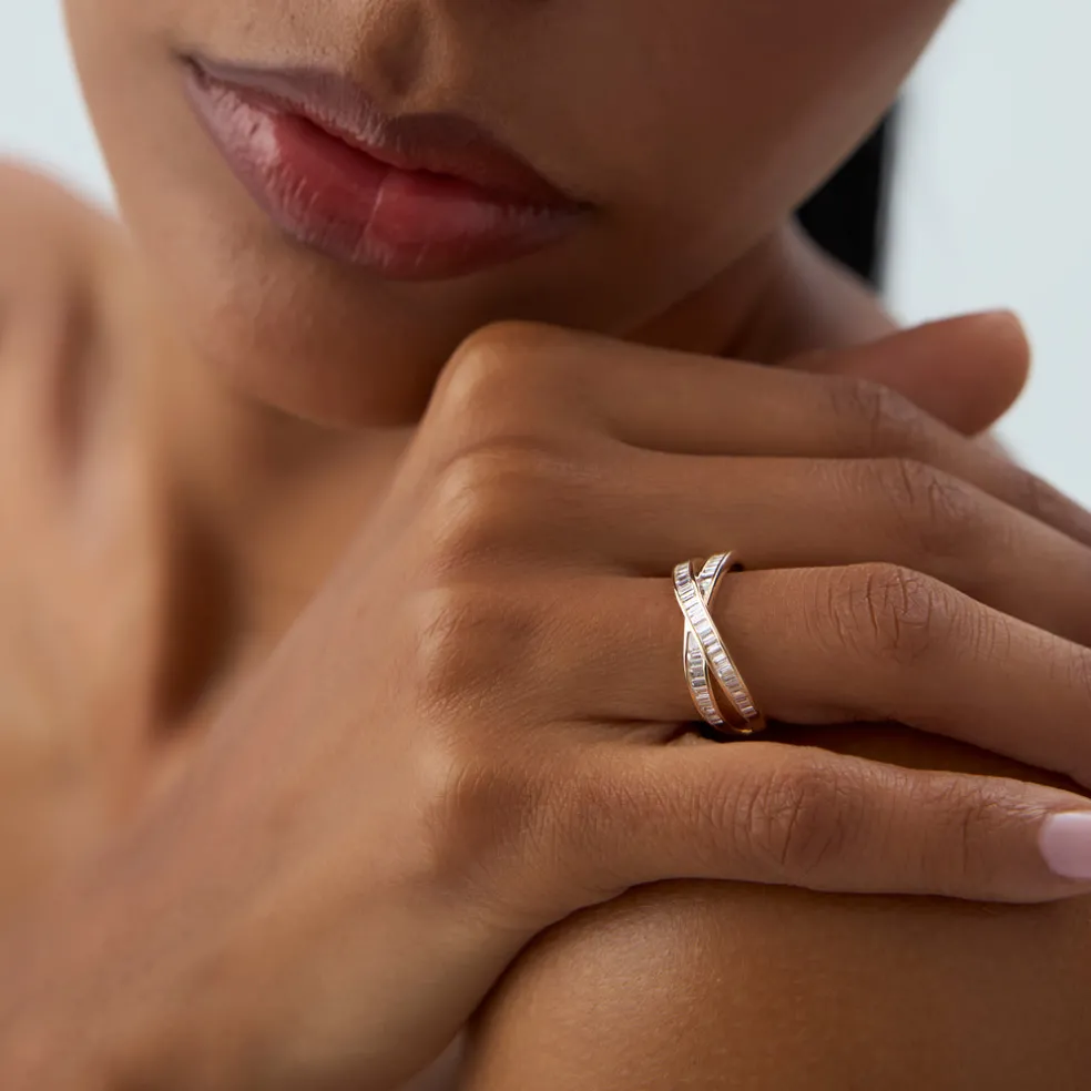 14k Channel Setting Baguette Diamond Crossover Band