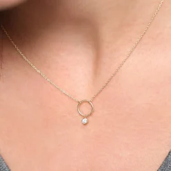 14K Circle Necklace with Bezel Set Diamond