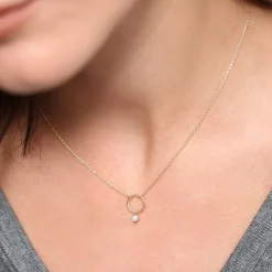 14K Circle Necklace with Bezel Set Diamond