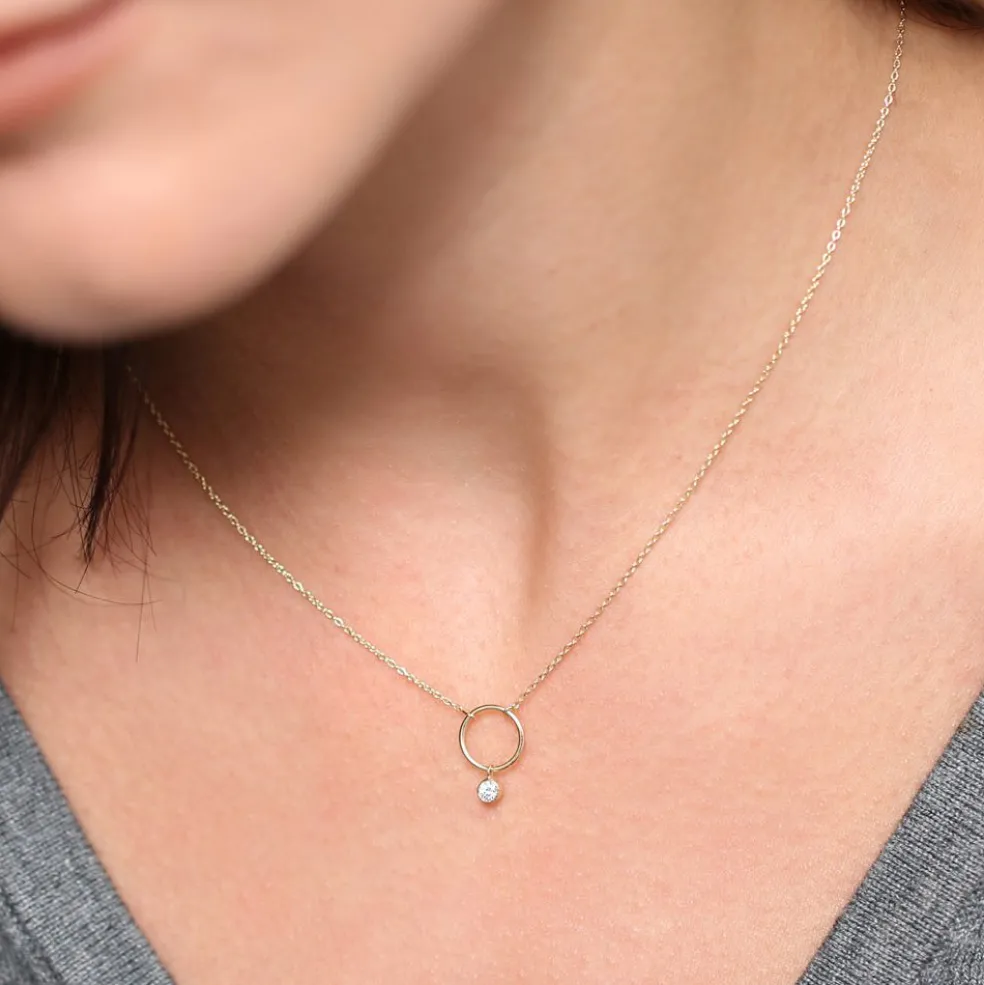 14K Circle Necklace with Bezel Set Diamond