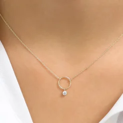14K Circle Necklace with Bezel Set Diamond