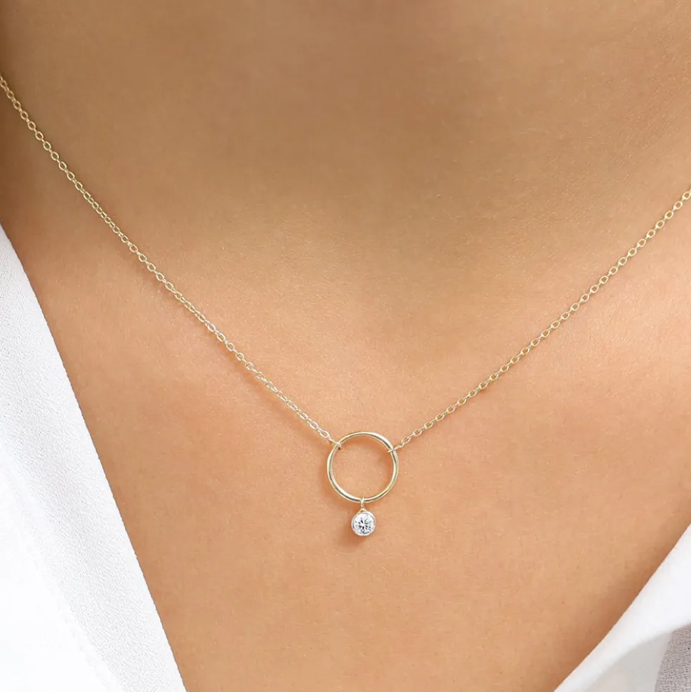 14K Circle Necklace with Bezel Set Diamond