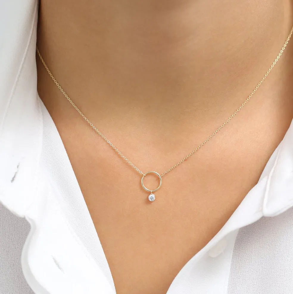 14K Circle Necklace with Bezel Set Diamond