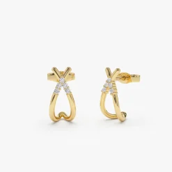 14k Criss Cross Half Hoop Diamond Stud