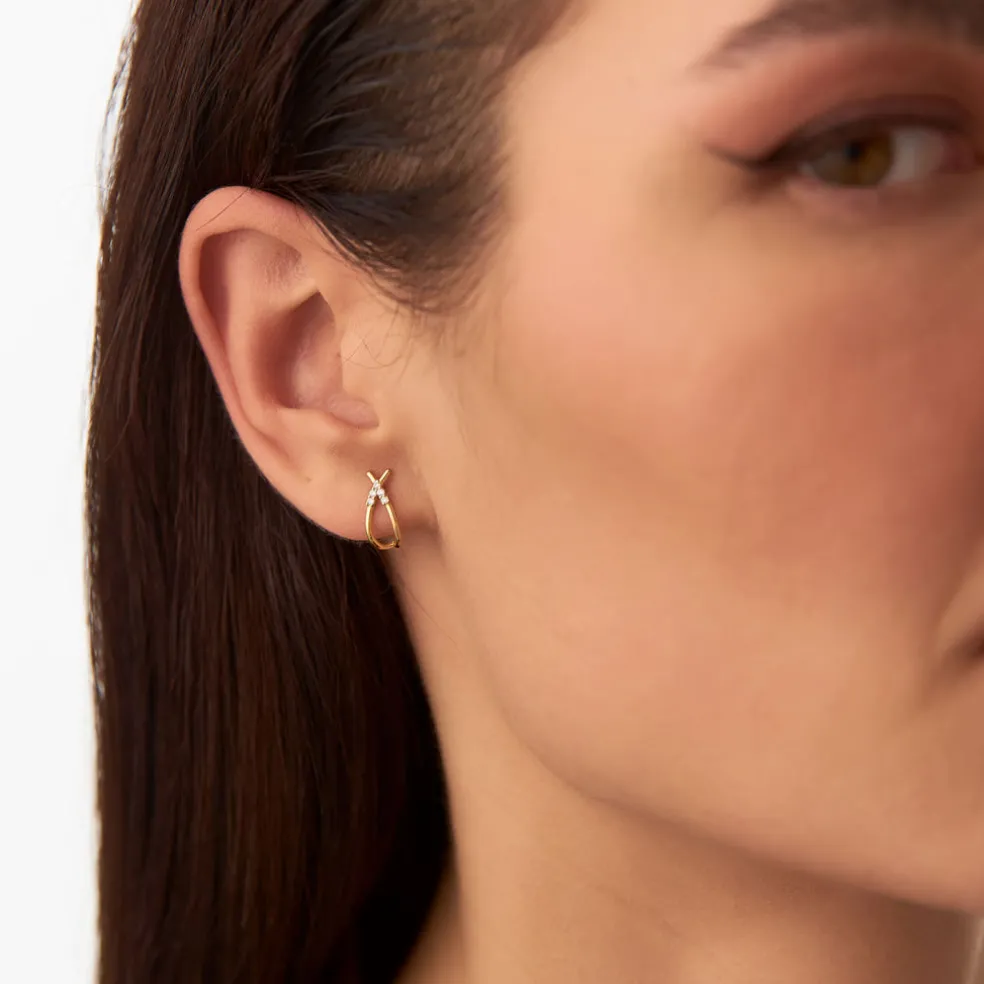 14k Criss Cross Half Hoop Diamond Stud