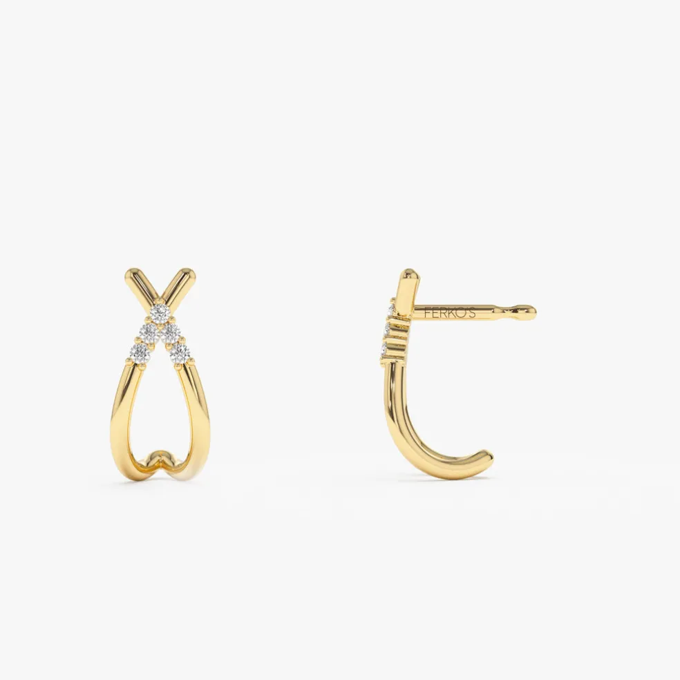 14k Criss Cross Half Hoop Diamond Stud