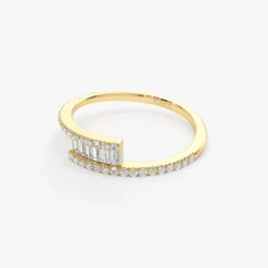 14k Cross Over Baguette Diamond Ring with Pave Diamonds
