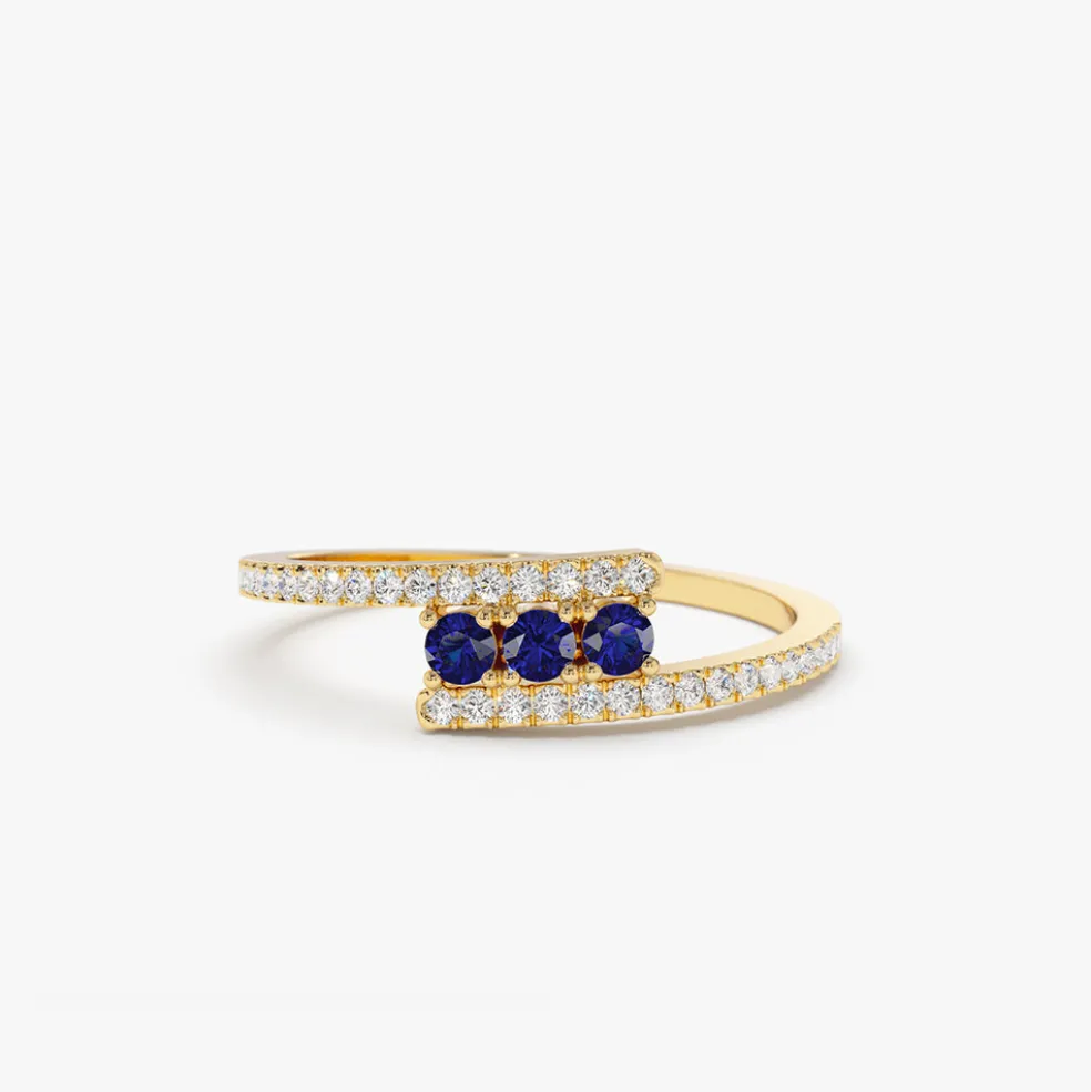 14k Cross Over Diamond Ring with Round Blue Sapphires
