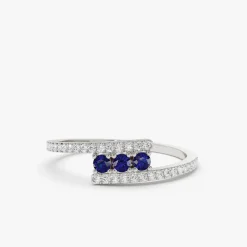 14k Cross Over Diamond Ring with Round Blue Sapphires