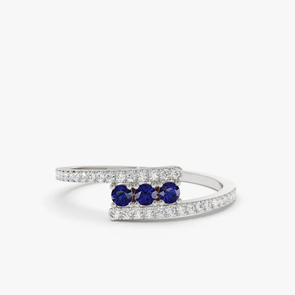 14k Cross Over Diamond Ring with Round Blue Sapphires
